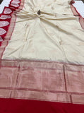Cream Red Banarasi Handloom Katan Silk Saree - Aura Benaras