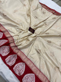 Cream Red Banarasi Handloom Katan Silk Saree - Aura Benaras