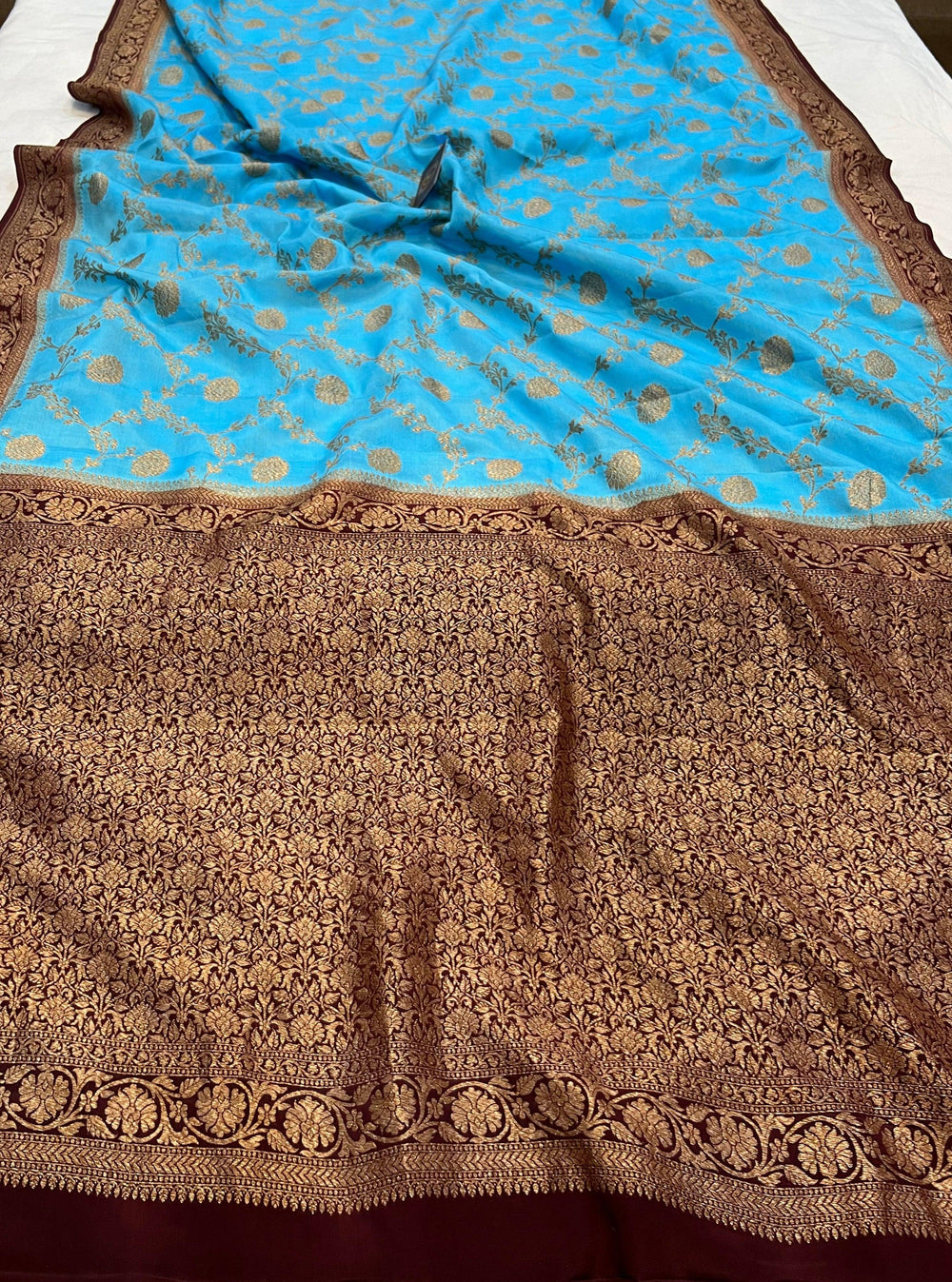 Firozi Blue Pure Banarasi Khaddi Crepe Silk Saree - Aura Benaras