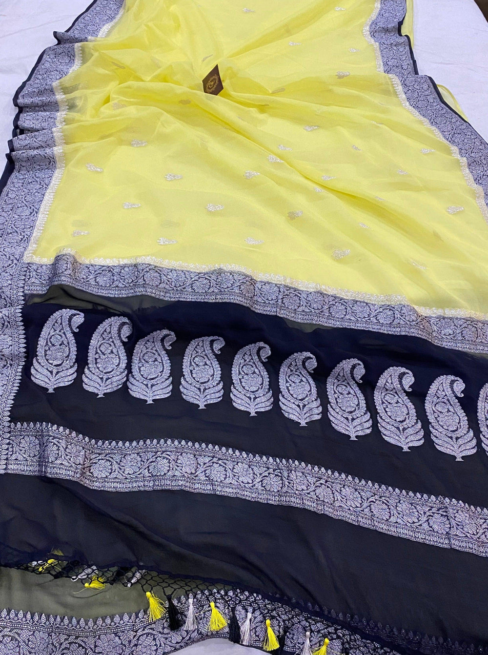 Lemon Yellow Khaddi Chiffon Banarasi Handloom Saree - Aura Benaras