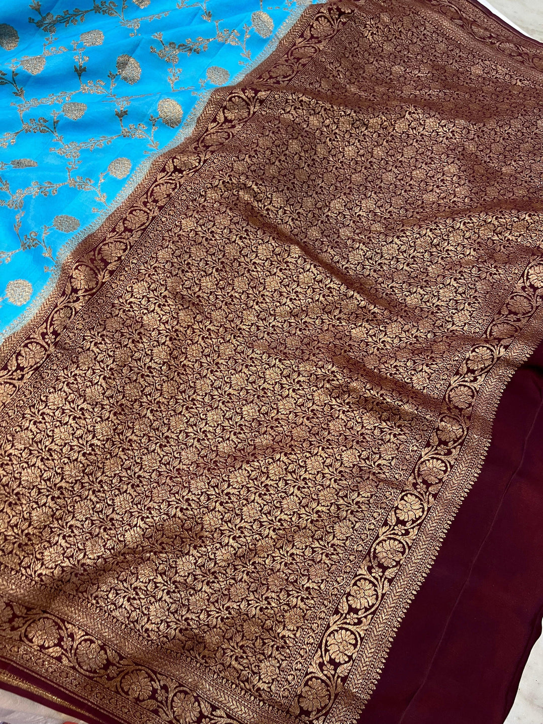 Firozi Blue Pure Banarasi Khaddi Crepe Silk Saree - Aura Benaras