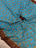 Firozi Blue Pure Banarasi Khaddi Crepe Silk Saree - Aura Benaras