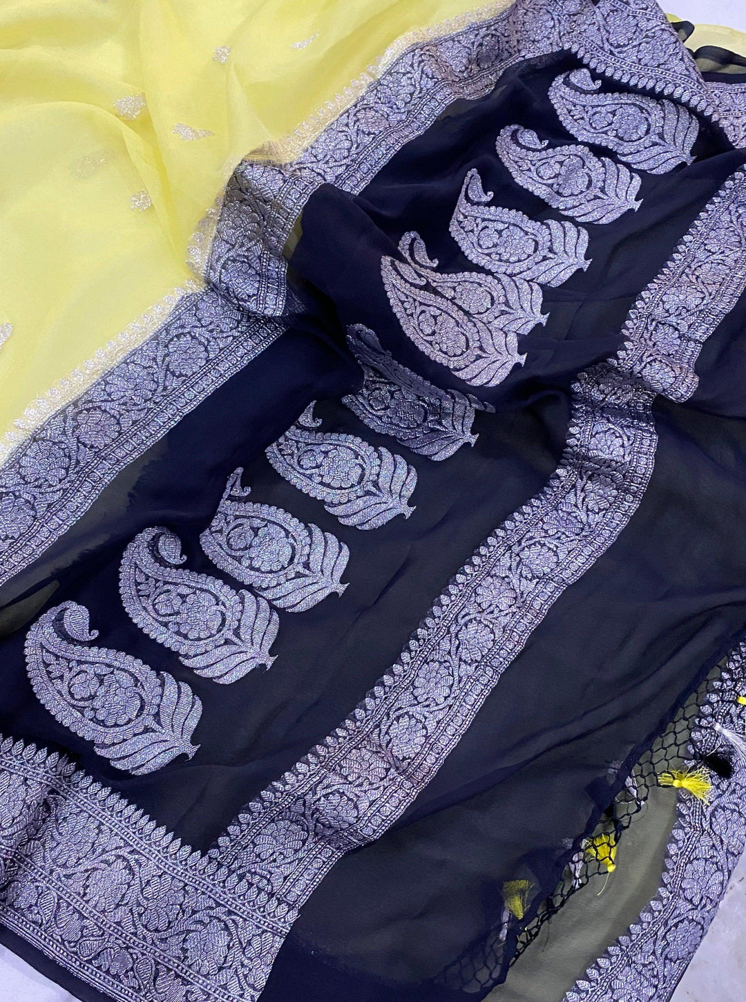 Lemon Yellow Khaddi Chiffon Banarasi Handloom Saree - Aura Benaras