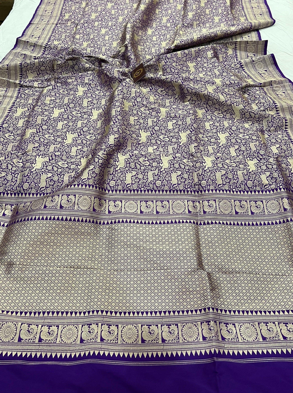 Pure Katan silk Banarasi saree with Shikargaah design, cutwork weaving, and Kadhwa border