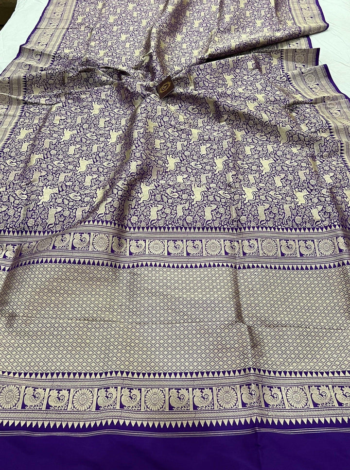 Pure Katan silk Banarasi saree with Shikargaah design, cutwork weaving, and Kadhwa border