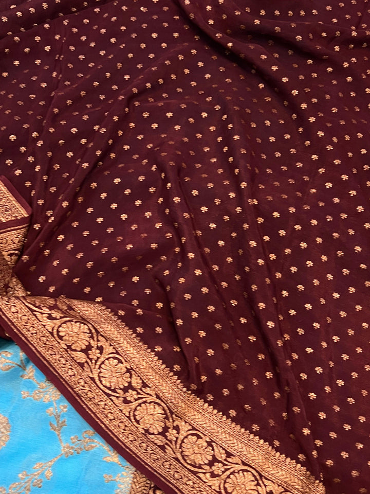 Firozi Blue Pure Banarasi Khaddi Crepe Silk Saree - Aura Benaras