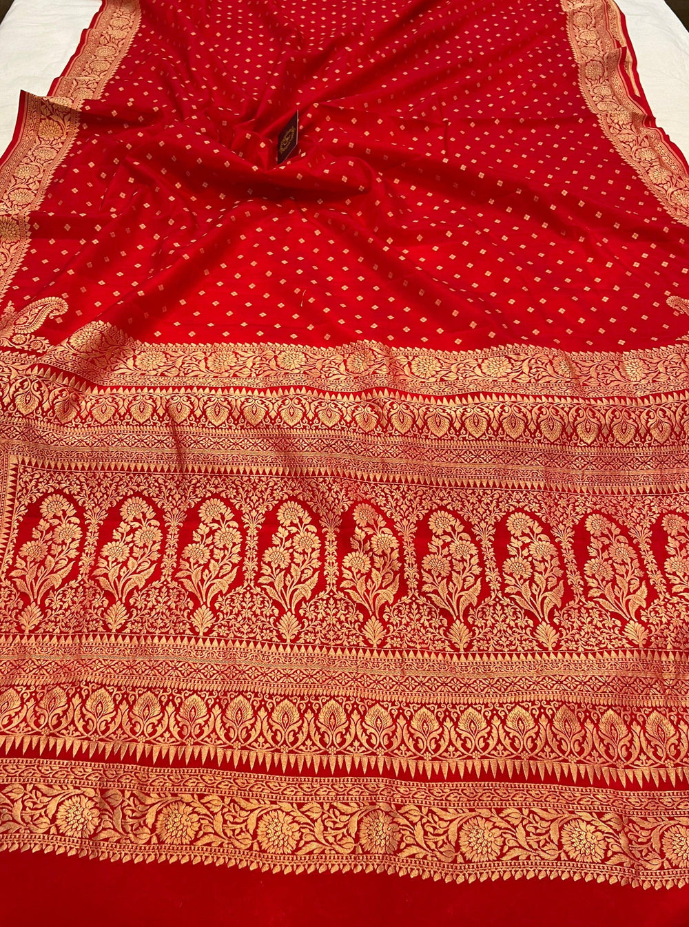 Red Pure Banarasi Khaddi Crepe Silk Saree - Aura Benaras