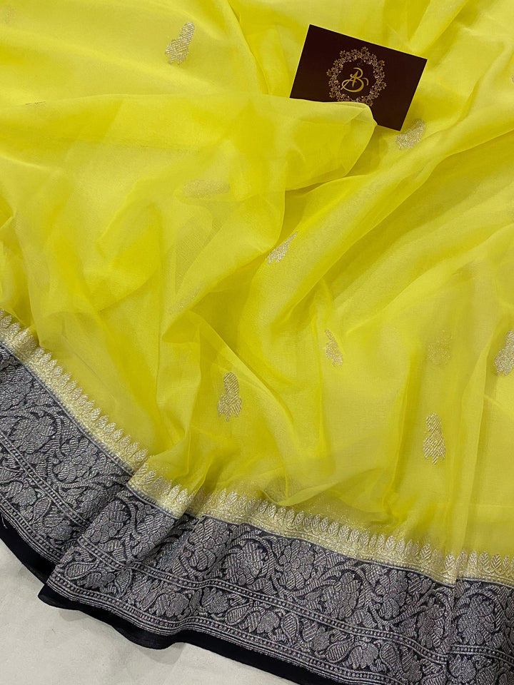 Lemon Yellow Khaddi Chiffon Banarasi Handloom Saree - Aura Benaras