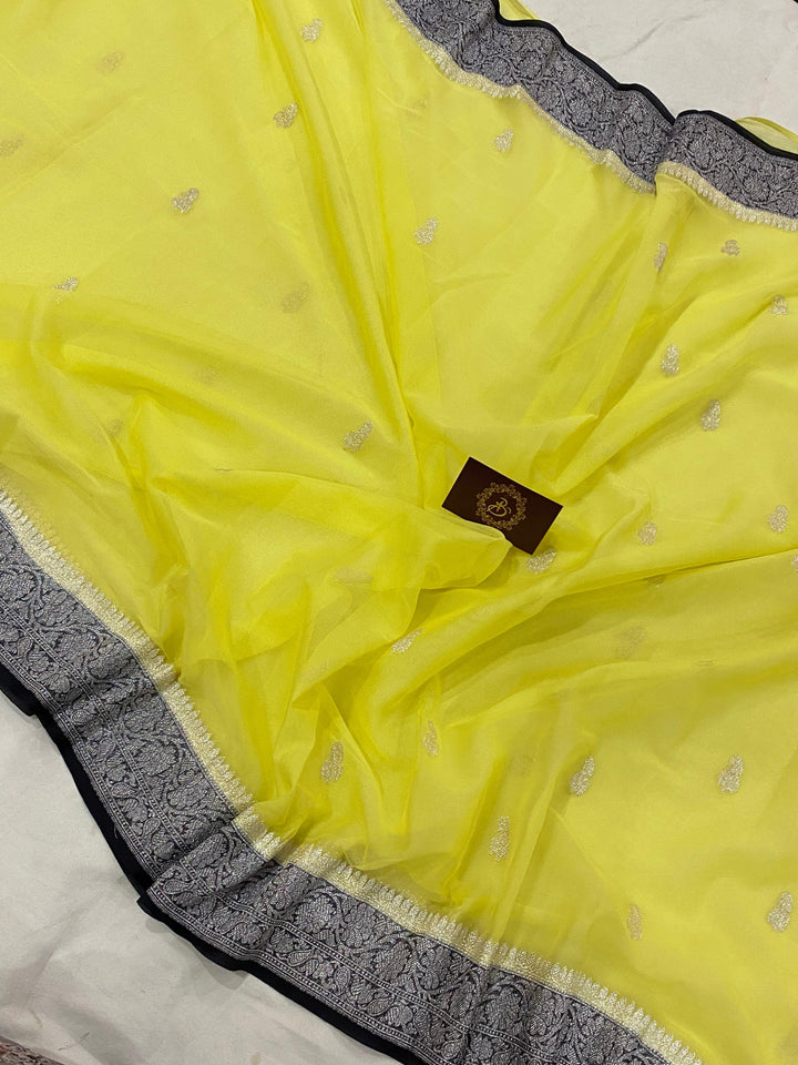Lemon Yellow Khaddi Chiffon Banarasi Handloom Saree - Aura Benaras