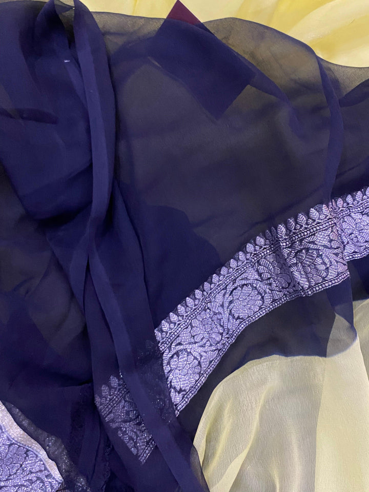 Lemon Yellow Khaddi Chiffon Banarasi Handloom Saree