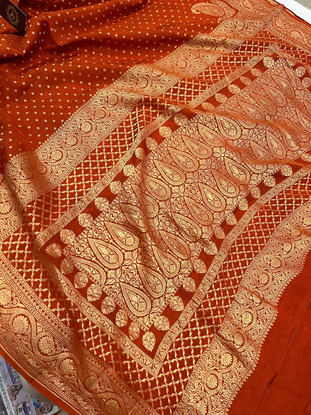 Earthy Orange Pure Banarasi Khaddi Crepe Silk Saree - Aura Benaras