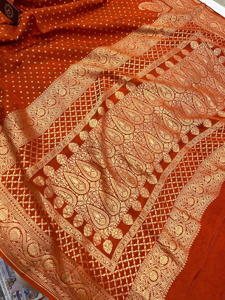 Earthy Orange Pure Banarasi Khaddi Crepe Silk Saree - Aura Benaras