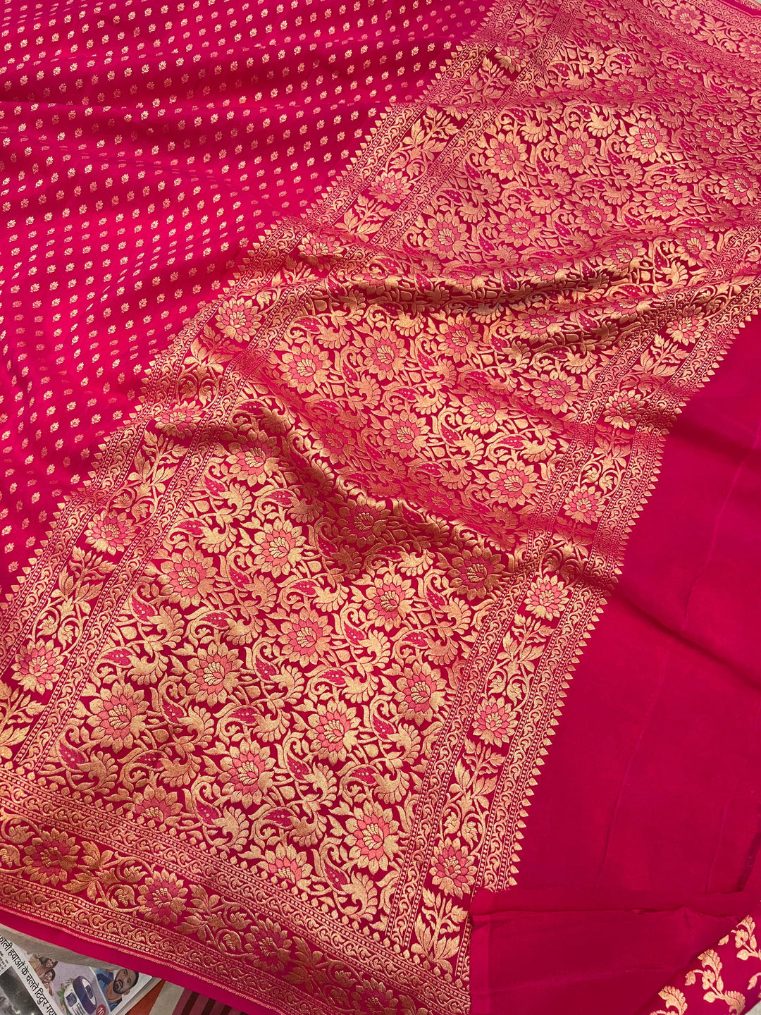 Rani Pink Pure Banarasi Khaddi Crepe Silk Saree - Aura Benaras