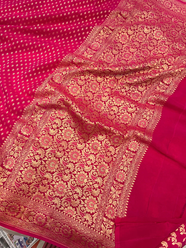 Rani Pink Pure Banarasi Khaddi Crepe Silk Saree - Aura Benaras