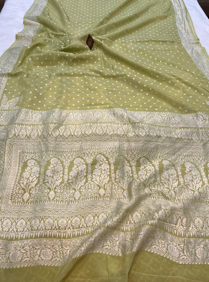 Light Olive Green Pure Banarasi Khaddi Crepe Silk Saree - Aura Benaras