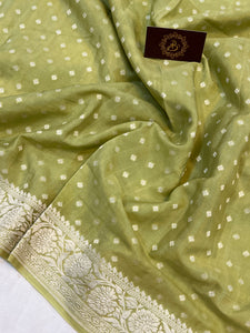 Light Olive Green Pure Banarasi Khaddi Crepe Silk Saree - Aura Benaras