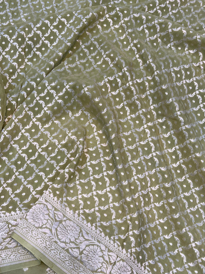 Light Olive Green Pure Banarasi Khaddi Crepe Silk Saree - Aura Benaras
