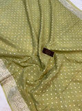 Light Olive Green Pure Banarasi Khaddi Crepe Silk Saree - Aura Benaras