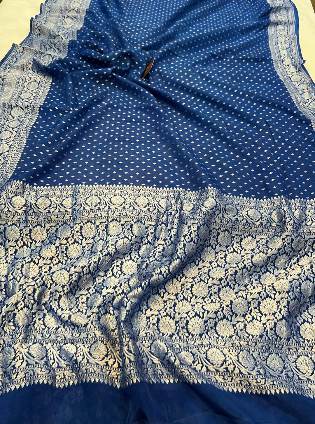 Teal Blue Pure Banarasi Khaddi Crepe Silk Saree - Aura Benaras