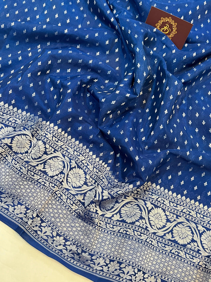 Teal Blue Pure Banarasi Khaddi Crepe Silk Saree - Aura Benaras