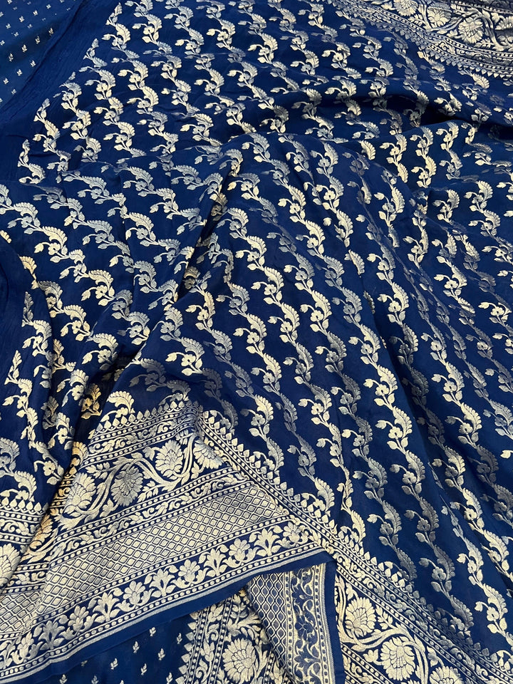 Teal Blue Pure Banarasi Khaddi Crepe Silk Saree - Aura Benaras