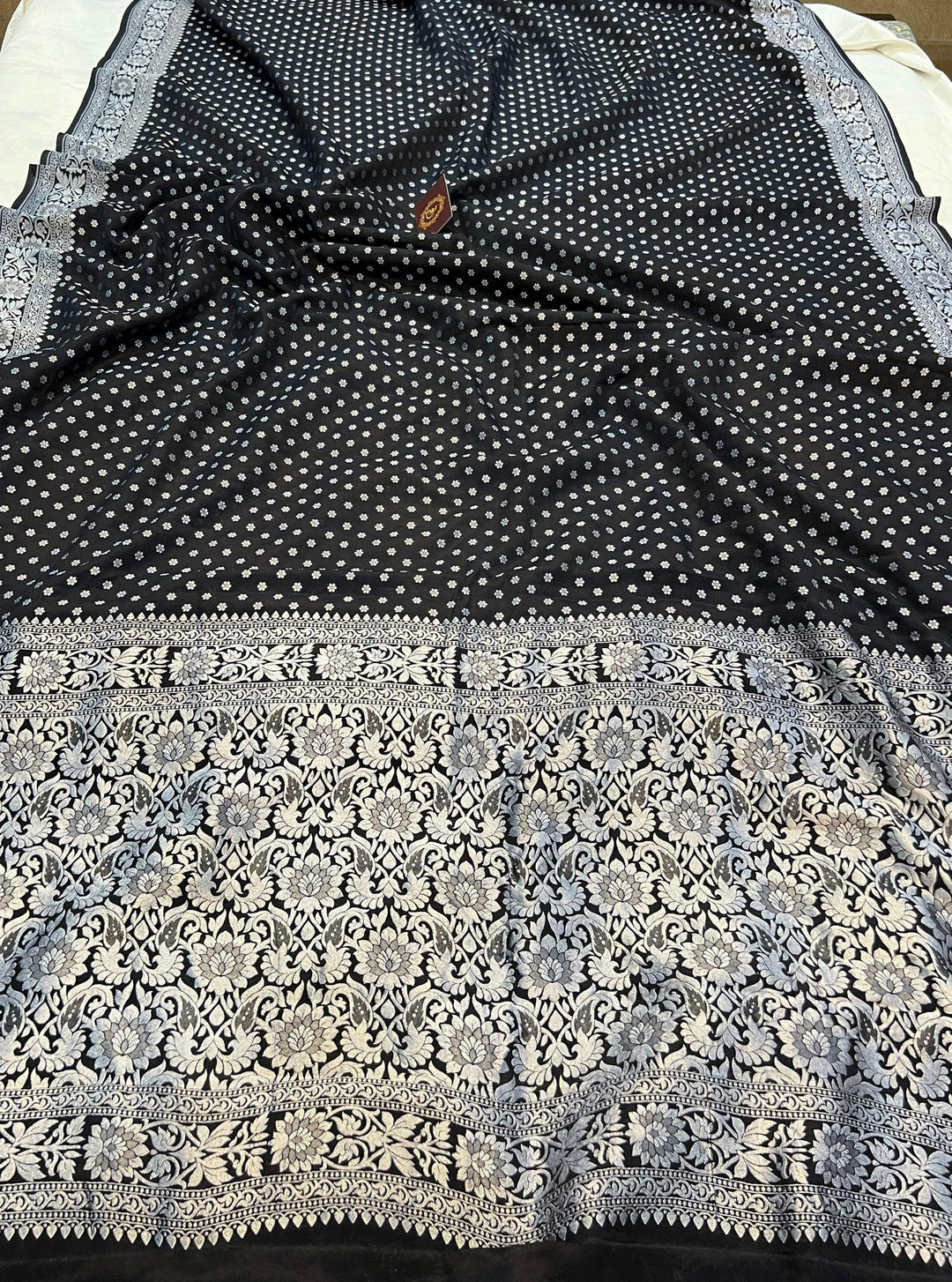 Black Pure Banarasi Khaddi Crepe Silk Saree - Aura Benaras