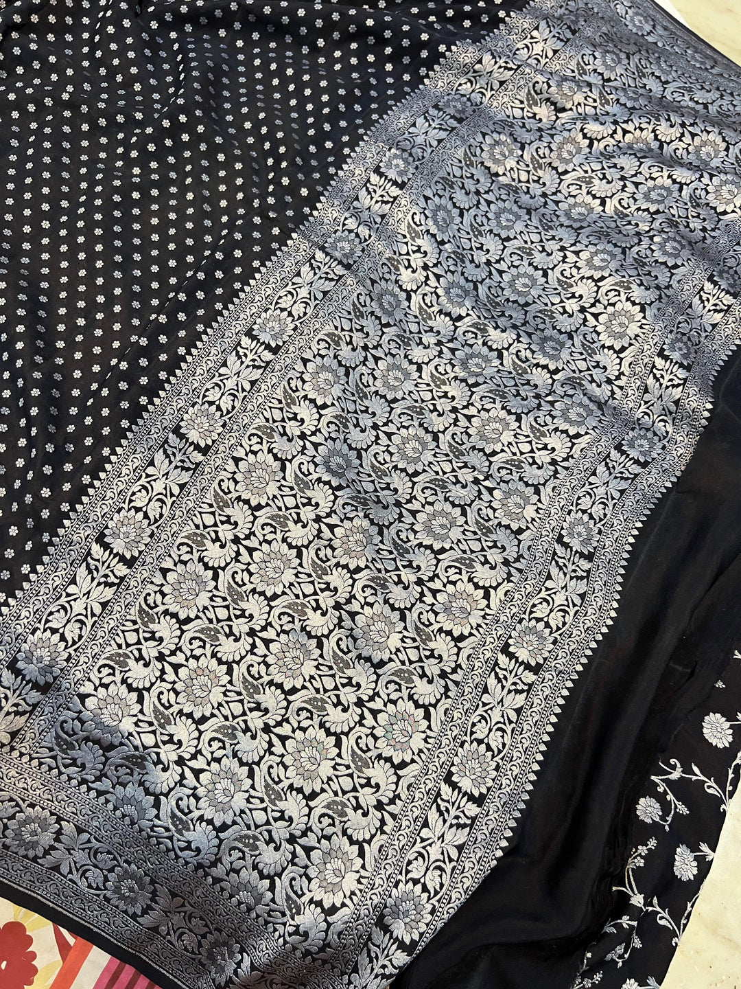 Black Pure Banarasi Khaddi Crepe Silk Saree - Aura Benaras