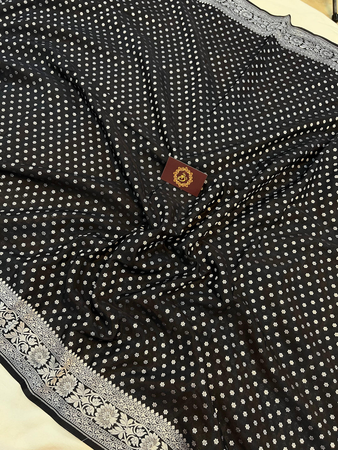 Black Pure Banarasi Khaddi Crepe Silk Saree - Aura Benaras