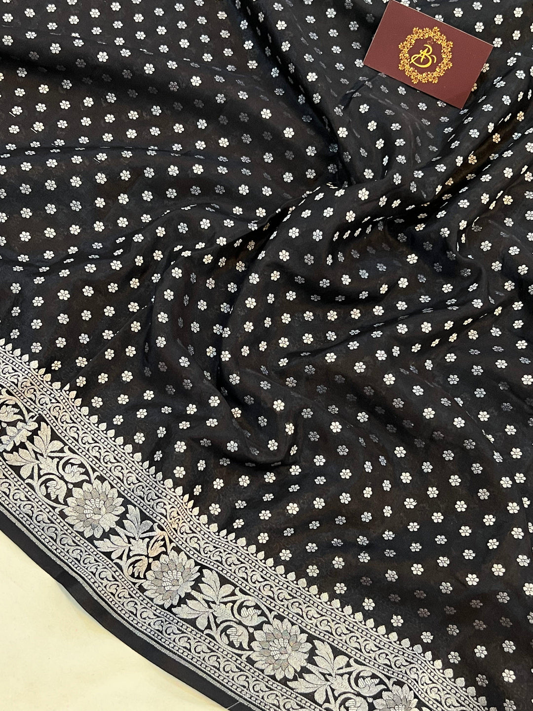 Black Pure Banarasi Khaddi Crepe Silk Saree - Aura Benaras