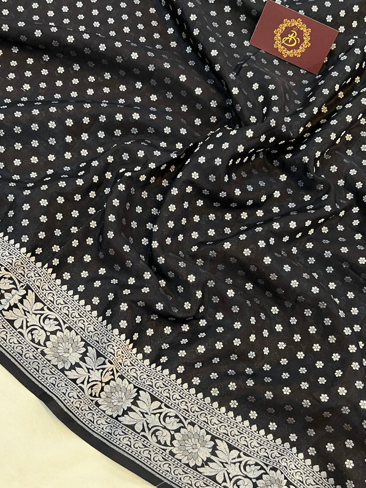 Black Pure Banarasi Khaddi Crepe Silk Saree - Aura Benaras