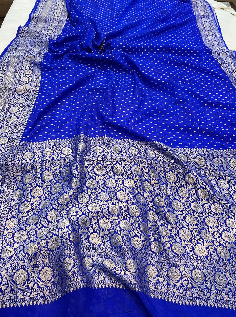 Royal Blue Pure Banarasi Khaddi Crepe Silk Saree - Aura Benaras