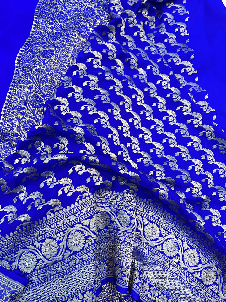 Royal Blue Pure Banarasi Khaddi Crepe Silk Saree - Aura Benaras