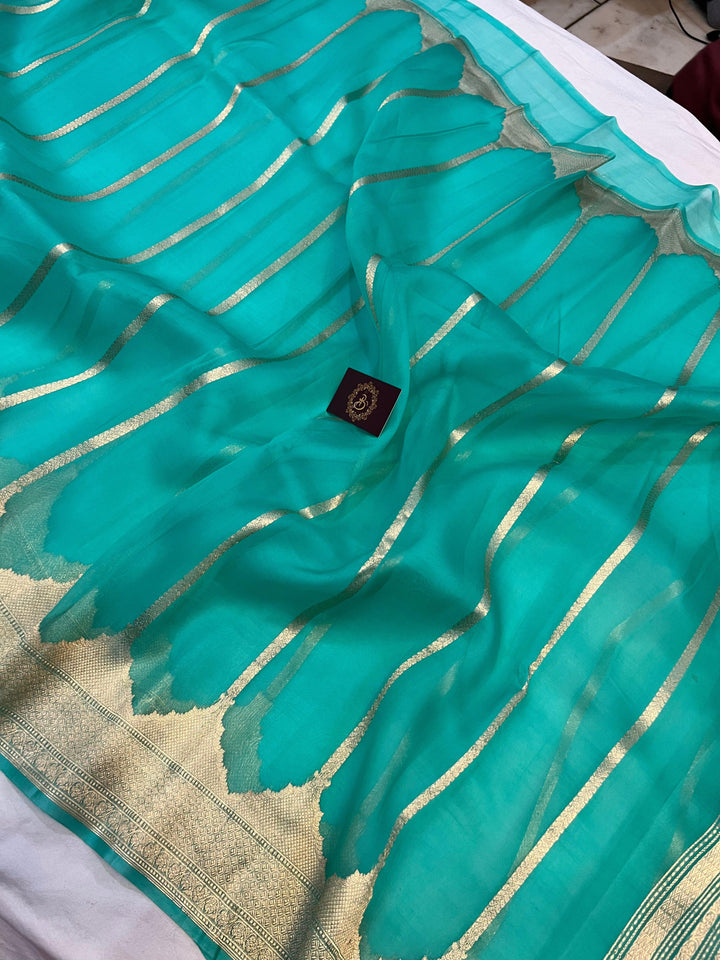 Turquoise Blue Banarasi Handloom Kora Silk Saree - Aura Benaras