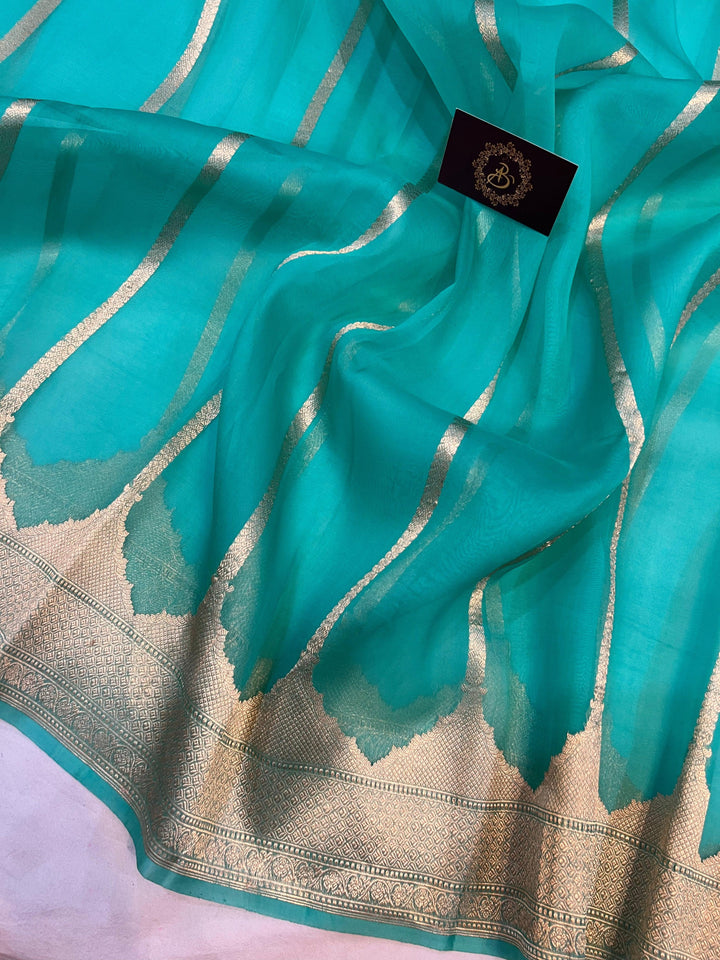 Turquoise Blue Banarasi Handloom Kora Silk Saree - Aura Benaras