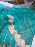 Turquoise Blue Banarasi Handloom Kora Silk Saree - Aura Benaras