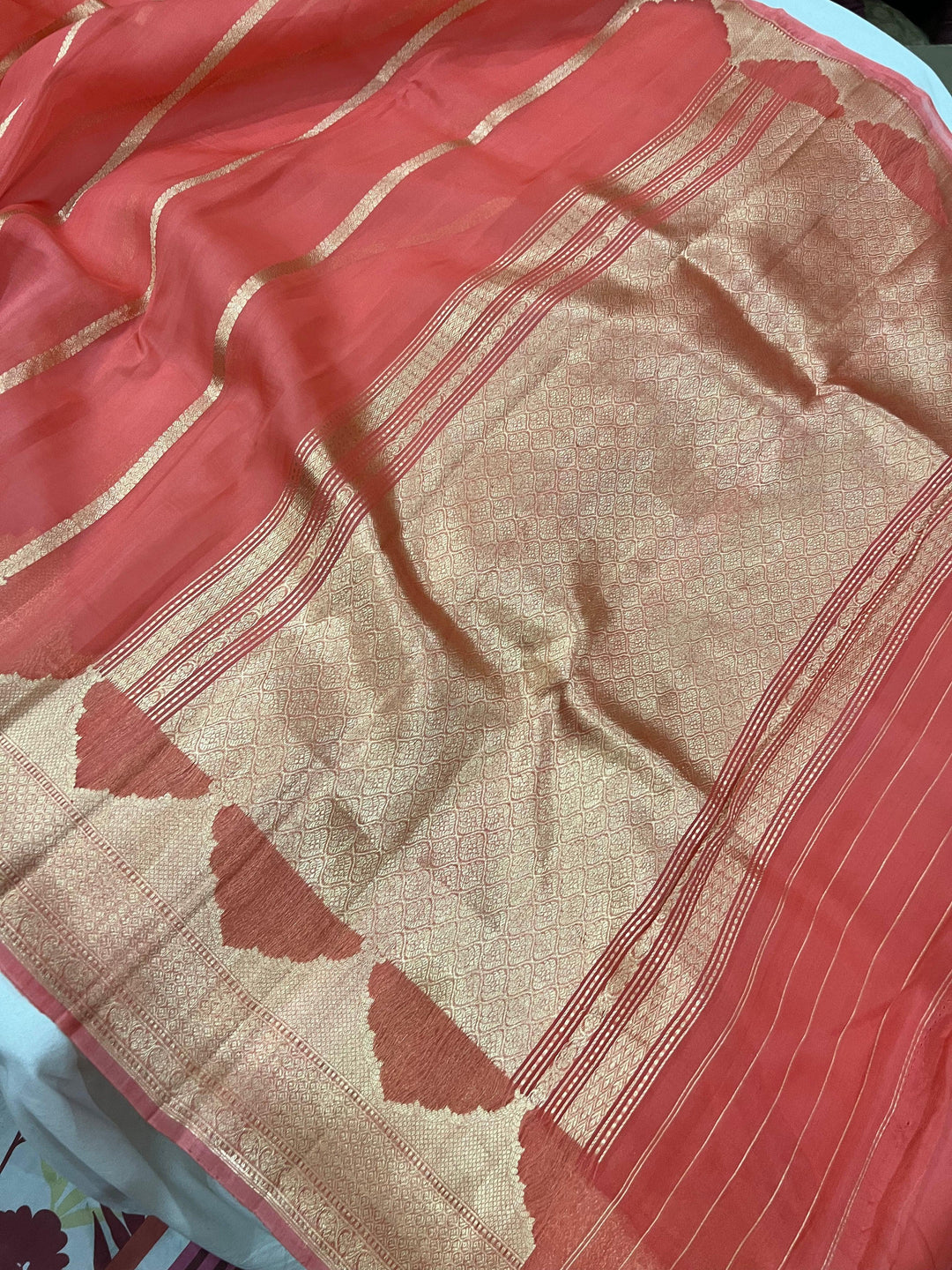 Peach Banarasi Handloom Kora Silk Saree - Aura Benaras
