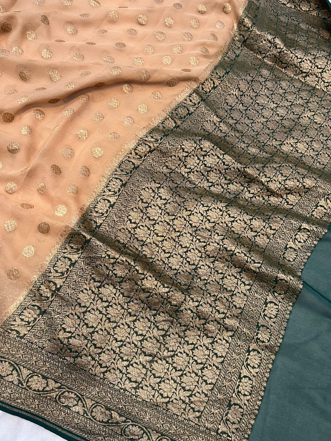 Beige Handloom Pure Khaddi Georgette Saree - Aura Benaras