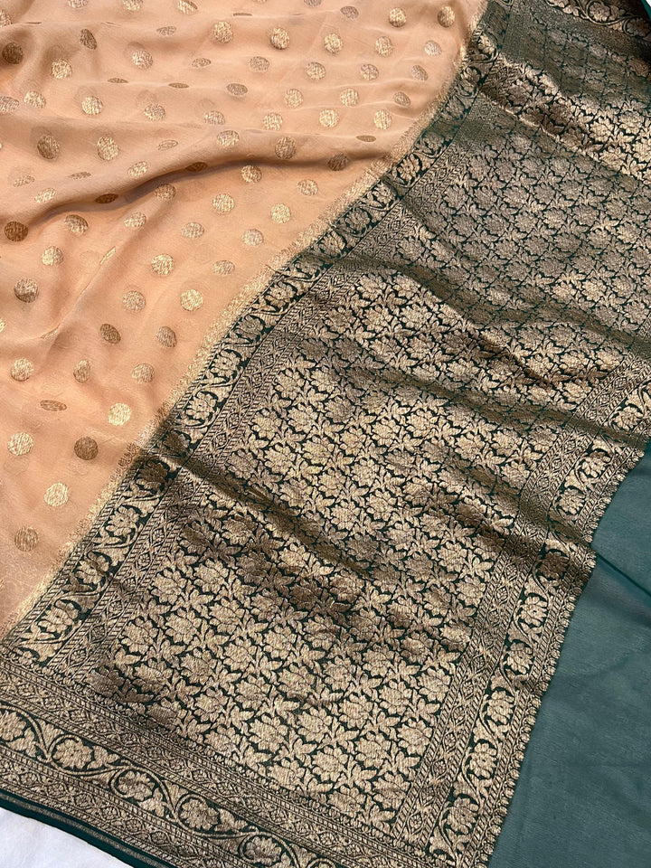 Beige Handloom Pure Khaddi Georgette Saree - Aura Benaras