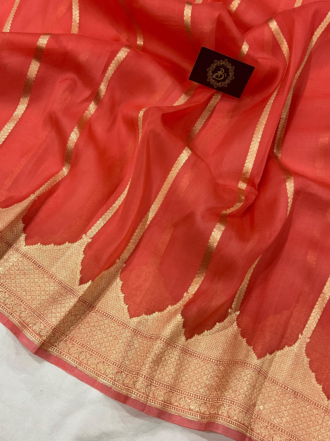 Peach Banarasi Handloom Kora Silk Saree - Aura Benaras
