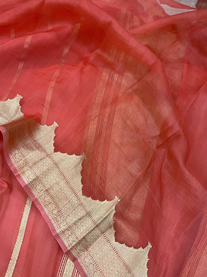 Peach Banarasi Handloom Kora Silk Saree - Aura Benaras