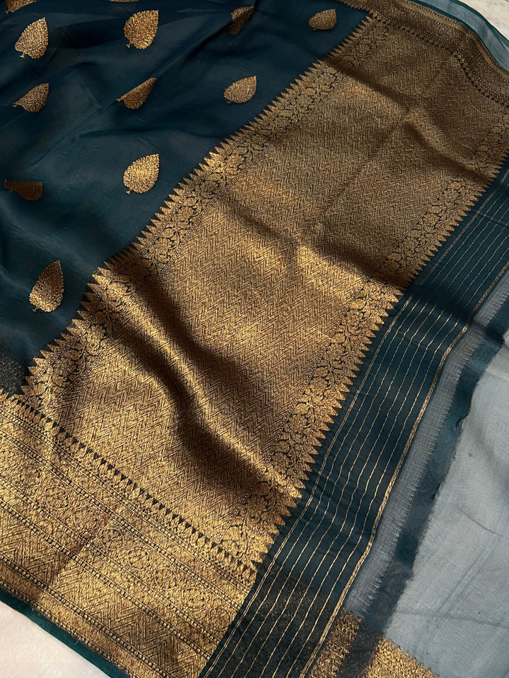 Teal Green Banarasi Handloom Kora Silk Saree - Aura Benaras