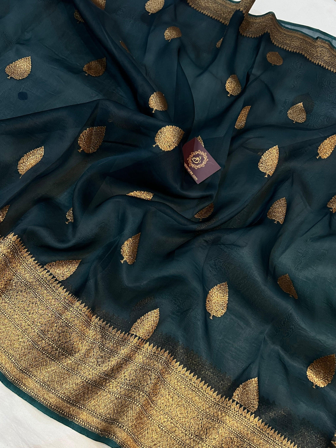 Teal Green Banarasi Handloom Kora Silk Saree - Aura Benaras