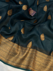 Teal Green Banarasi Handloom Kora Silk Saree - Aura Benaras