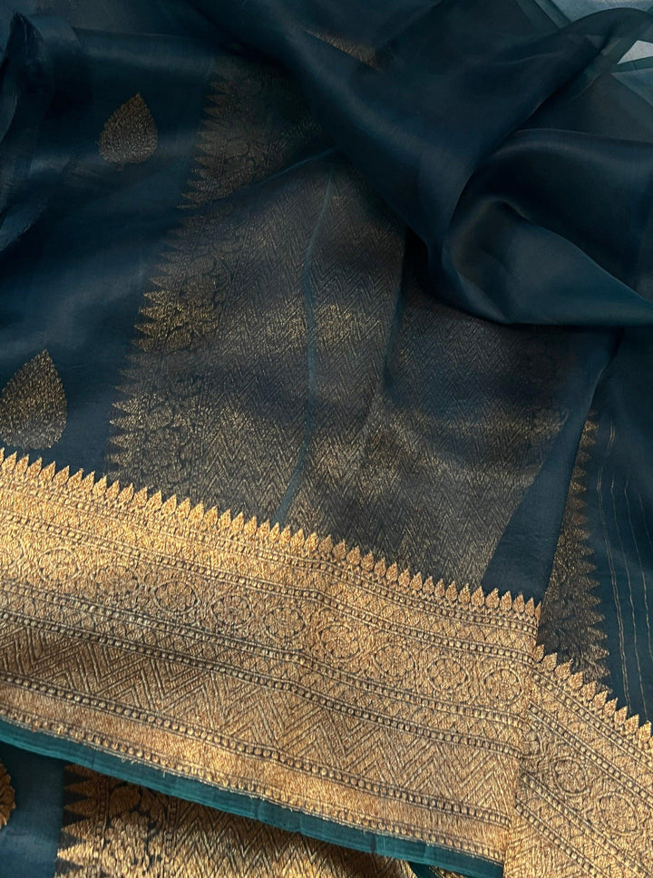 Teal Green Banarasi Handloom Kora Silk Saree - Aura Benaras