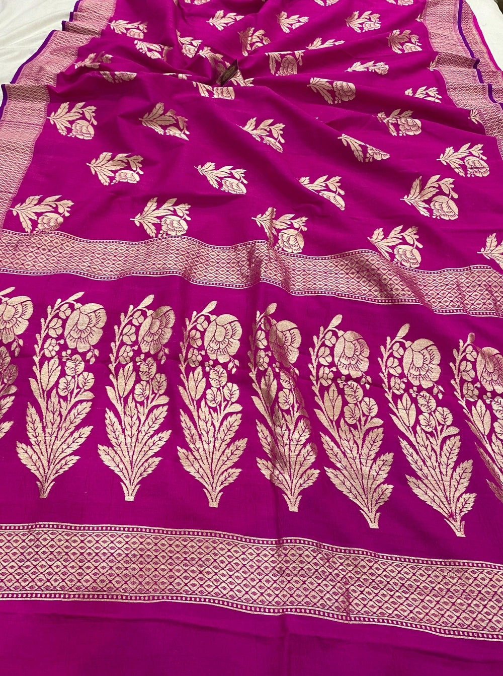 Rani Pink Banarasi Handloom Pure Tussar Georgette Silk Saree - Aura Benaras