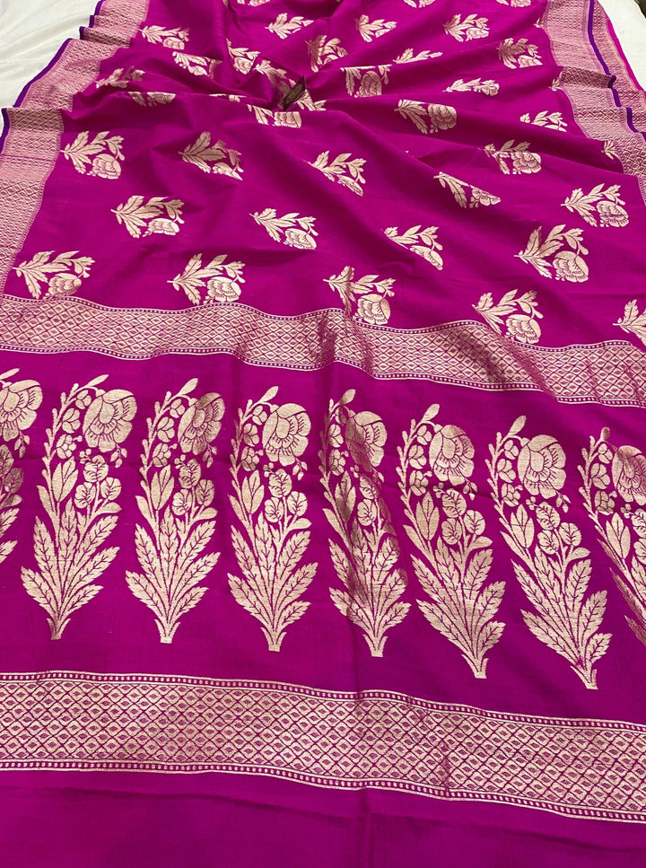 Rani Pink Banarasi Handloom Pure Tussar Georgette Silk Saree - Aura Benaras