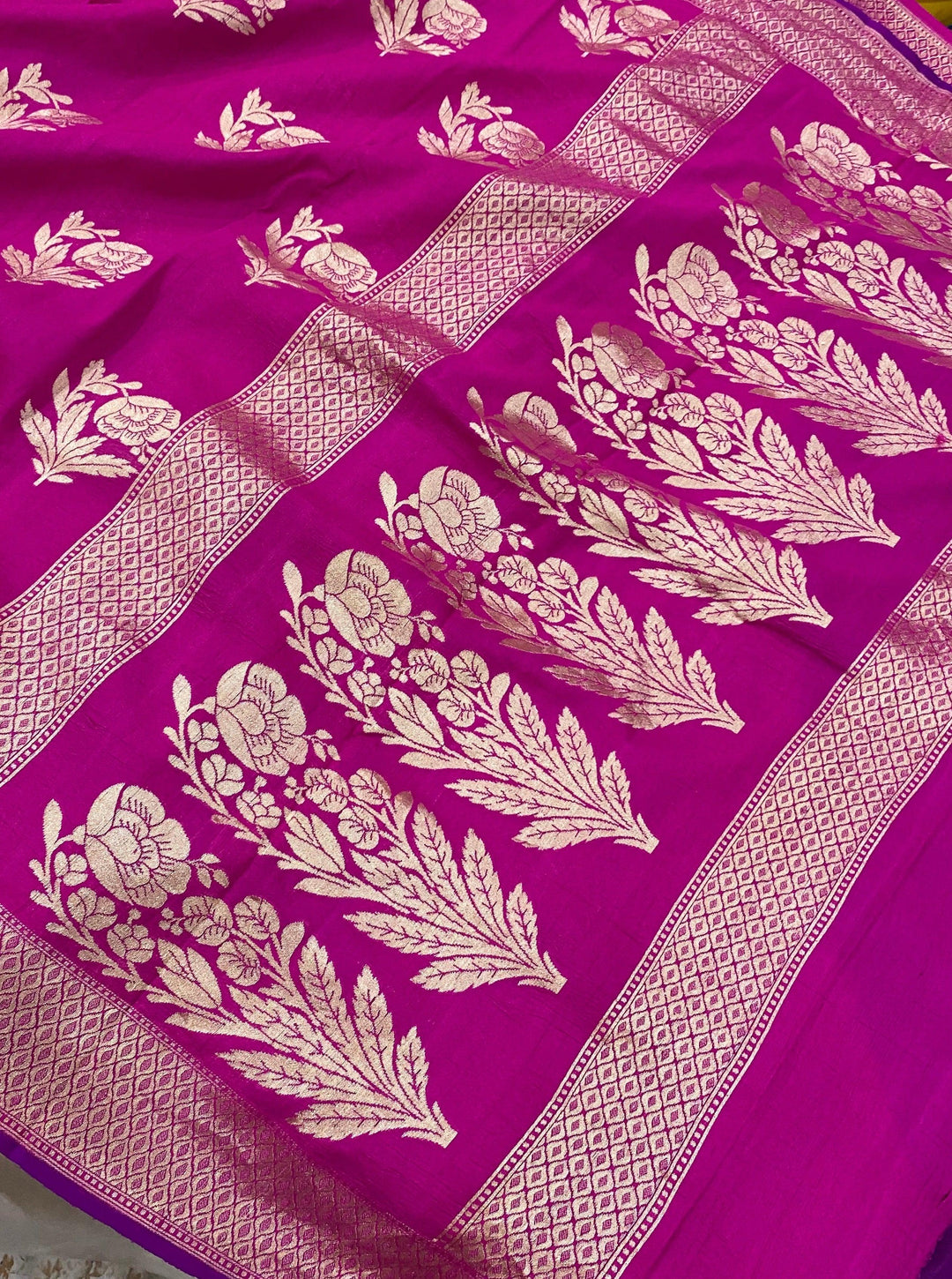 Rani Pink Banarasi Handloom Pure Tussar Georgette Silk Saree - Aura Benaras