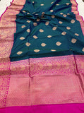 Peacock Blue Banarasi Handloom Katan Silk Saree - Aura Benaras