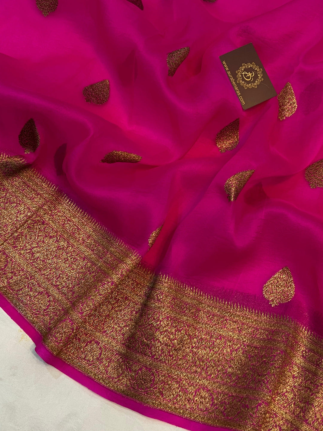 Rani Pink Banarasi Handloom Kora Silk Saree - Aura Benaras