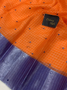 Orange Banarasi Handloom Semi Tissue Silk Saree